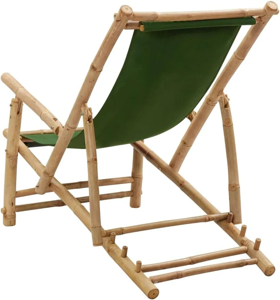 Adjustable Bamboo Deck Chair with Armrests Foldable Canvas Green 3-Position Backrest for Patio Garden Terrace Beach Outdoor Furniture