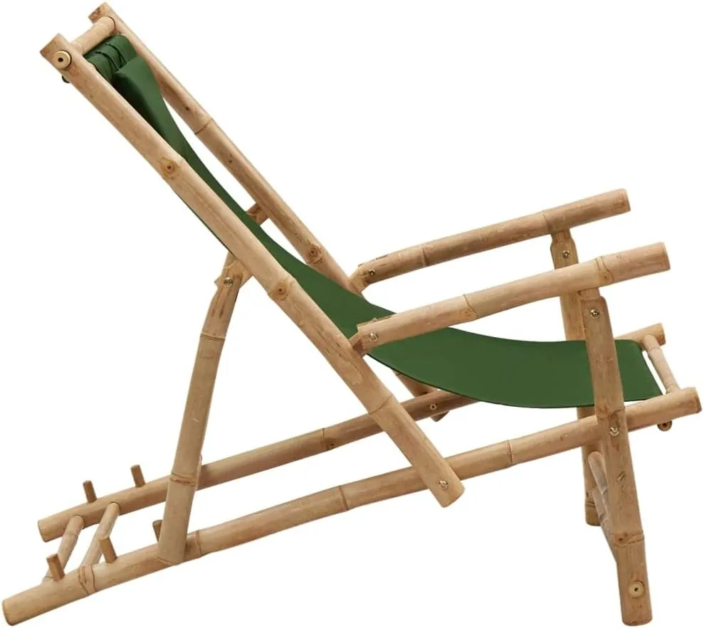 Adjustable Bamboo Deck Chair with Armrests Foldable Canvas Green 3-Position Backrest for Patio Garden Terrace Beach Outdoor Furniture