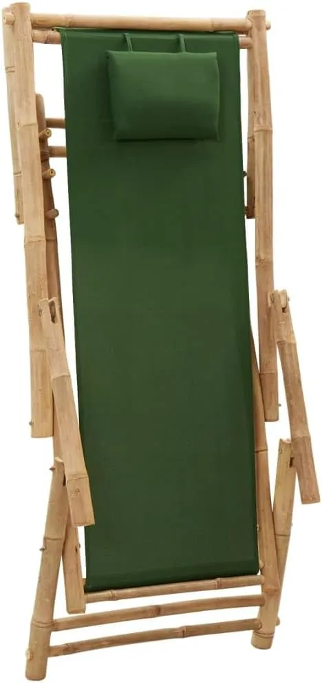 Adjustable Bamboo Deck Chair with Armrests Foldable Canvas Green 3-Position Backrest for Patio Garden Terrace Beach Outdoor Furniture