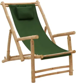 Adjustable Bamboo Deck Chair with Armrests Foldable Canvas Green 3-Position Backrest for Patio Garden Terrace Beach Outdoor Furniture
