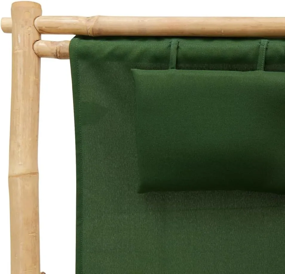 Adjustable Bamboo Deck Chair with Armrests Foldable Canvas Green 3-Position Backrest for Patio Garden Terrace Beach Outdoor Furniture