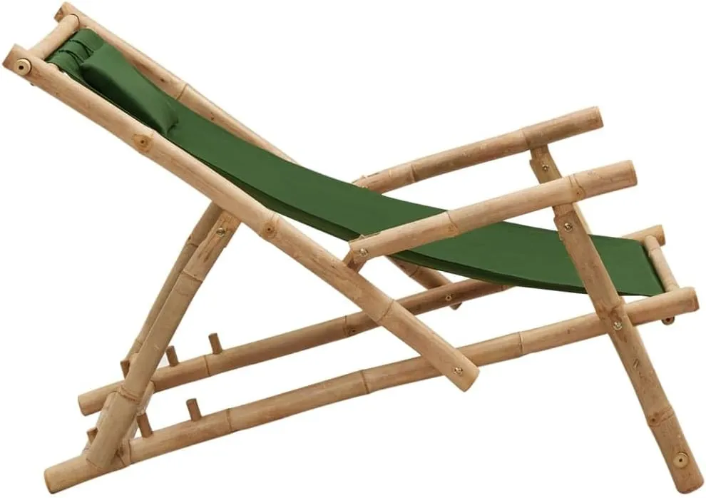 Adjustable Bamboo Deck Chair with Armrests Foldable Canvas Green 3-Position Backrest for Patio Garden Terrace Beach Outdoor Furniture