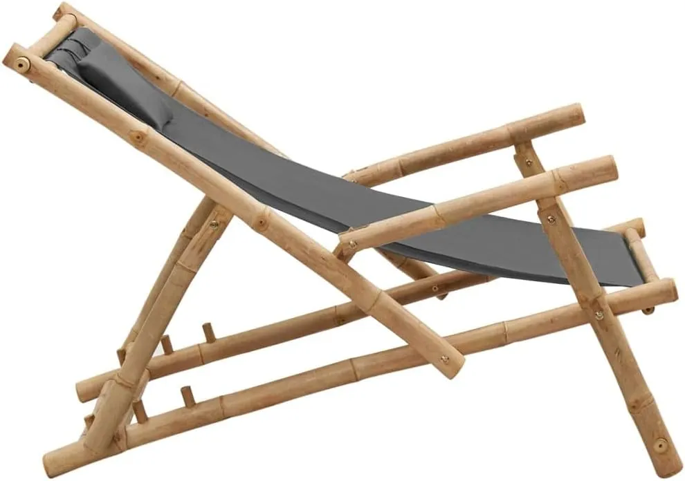Adjustable Bamboo Deck Chair with Canvas Dark Gray Foldable Outdoor Lounge Chair for Patio Beach Camping Reclining Poolside Relaxation