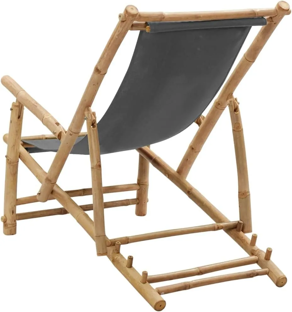 Adjustable Bamboo Deck Chair with Canvas Dark Gray Foldable Outdoor Lounge Chair for Patio Beach Camping Reclining Poolside Relaxation