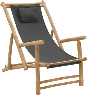 Adjustable Bamboo Deck Chair with Canvas Dark Gray Foldable Outdoor Lounge Chair for Patio Beach Camping Reclining Poolside Relaxation