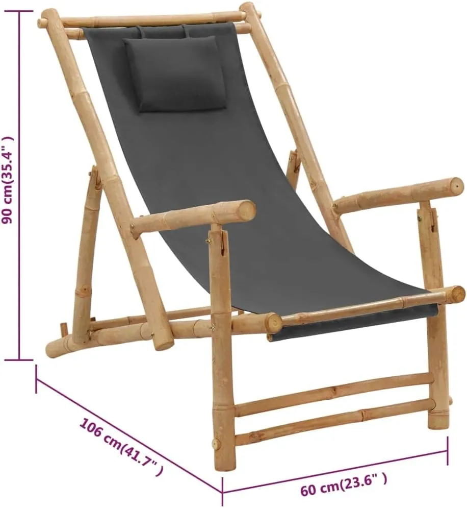 Adjustable Bamboo Deck Chair with Canvas Dark Gray Foldable Outdoor Lounge Chair for Patio Beach Camping Reclining Poolside Relaxation