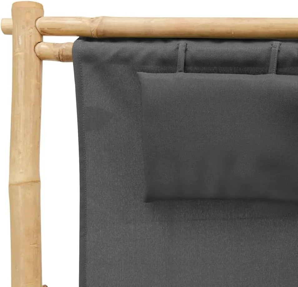Adjustable Bamboo Deck Chair with Canvas Dark Gray Foldable Outdoor Lounge Chair for Patio Beach Camping Reclining Poolside Relaxation