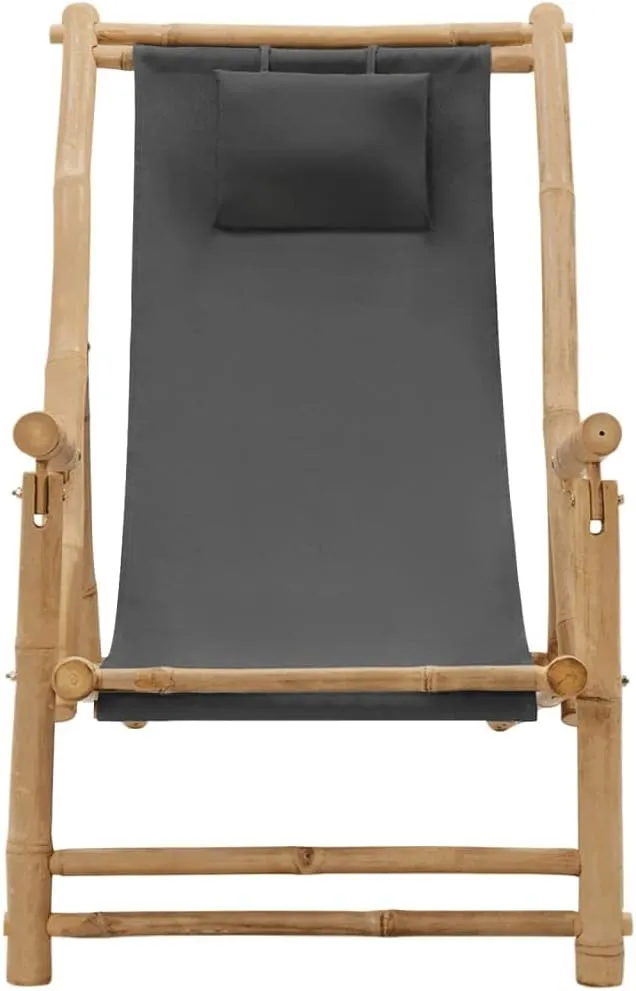 Adjustable Bamboo Deck Chair with Canvas Dark Gray Foldable Outdoor Lounge Chair for Patio Beach Camping Reclining Poolside Relaxation