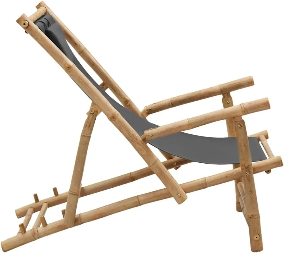Adjustable Bamboo Deck Chair with Canvas Dark Gray Foldable Outdoor Lounge Chair for Patio Beach Camping Reclining Poolside Relaxation