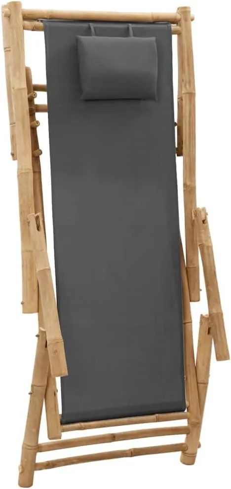Adjustable Bamboo Deck Chair with Canvas Dark Gray Foldable Outdoor Lounge Chair for Patio Beach Camping Reclining Poolside Relaxation