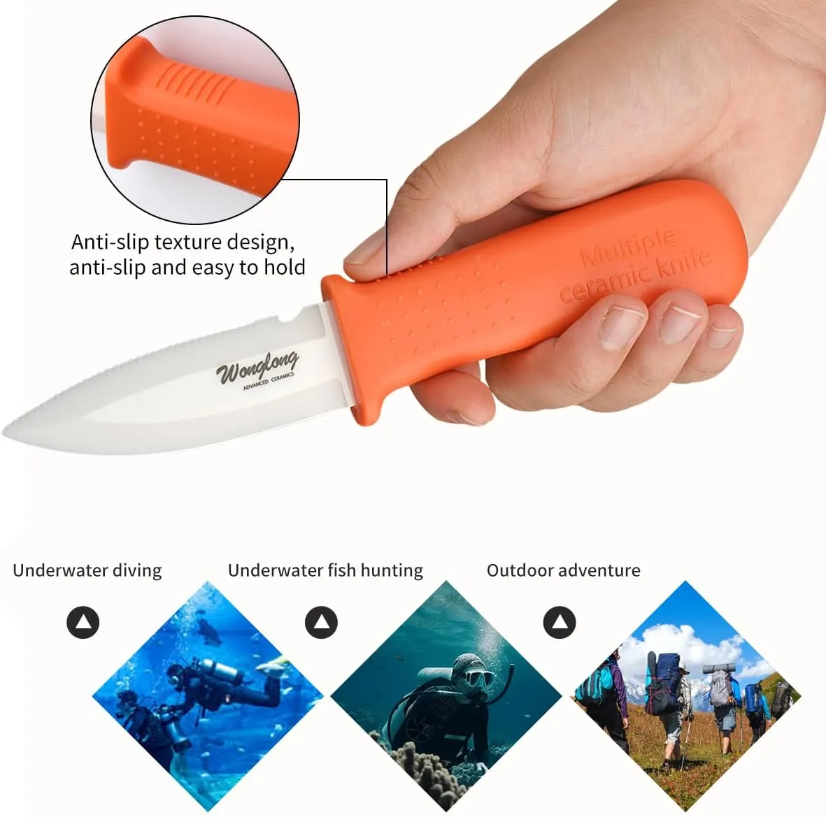 Advanced Ceramic Scuba Diving Knife, Not Rusty and Corrosion-Resistant Ceramic Knife Saltwater Rescue Knife, Fishing Knife With Sheath -Straight/Serrated Edge, Cutting Boat Rope (Orange)