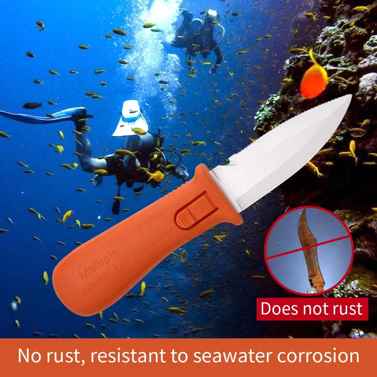 Advanced Ceramic Scuba Diving Knife, Not Rusty and Corrosion-Resistant Ceramic Knife Saltwater Rescue Knife, Fishing Knife With Sheath -Straight/Serrated Edge, Cutting Boat Rope (Orange)