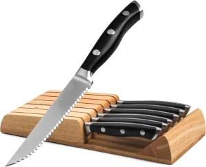 Alata 6-Piece Steak Knives Set with Block, Stainless Steel Steak Knife set with Serrated Edge, Razor-Sharp, Full-Tang Construction, Dishwasher Safe