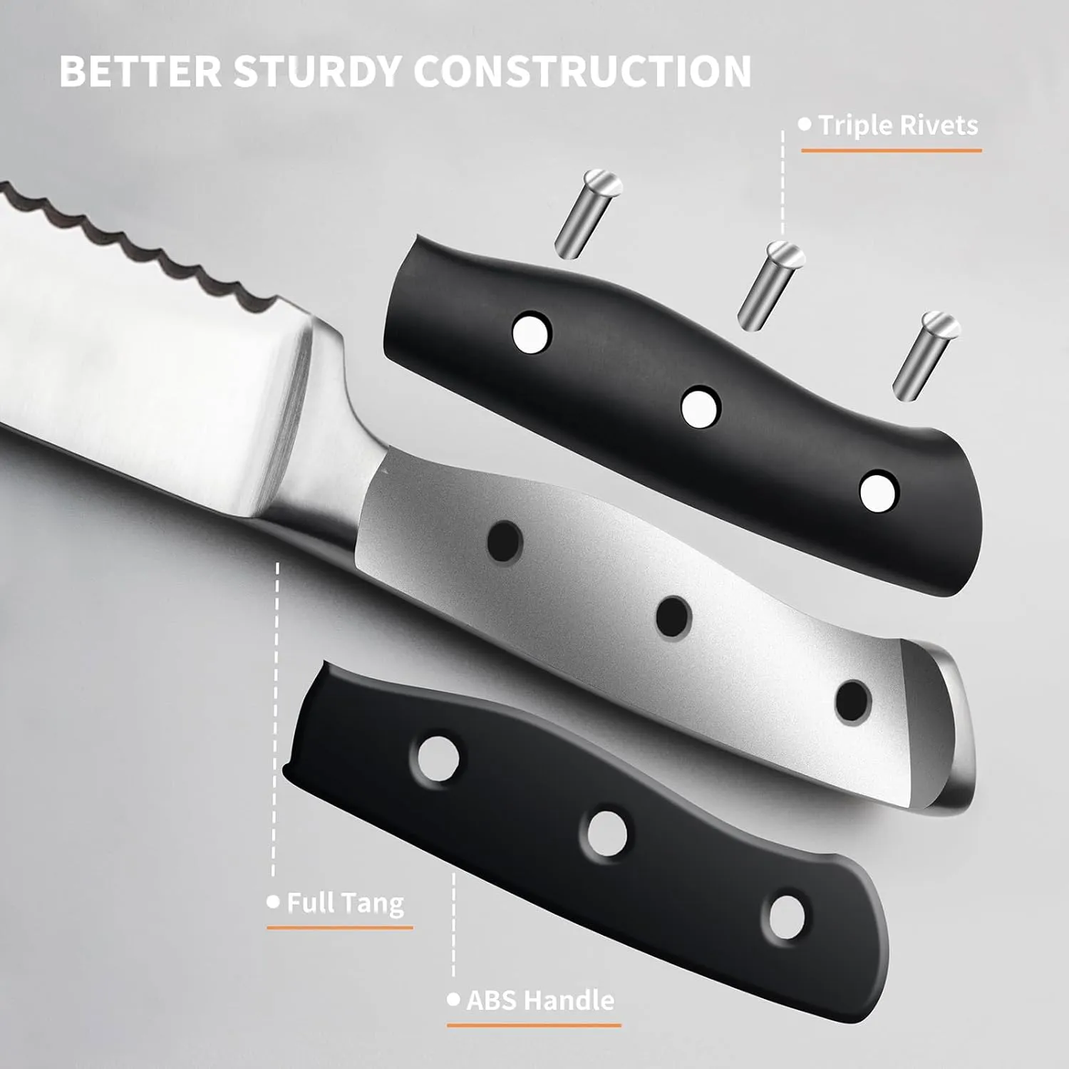 Alata 6-Piece Steak Knives Set with Block, Stainless Steel Steak Knife set with Serrated Edge, Razor-Sharp, Full-Tang Construction, Dishwasher Safe