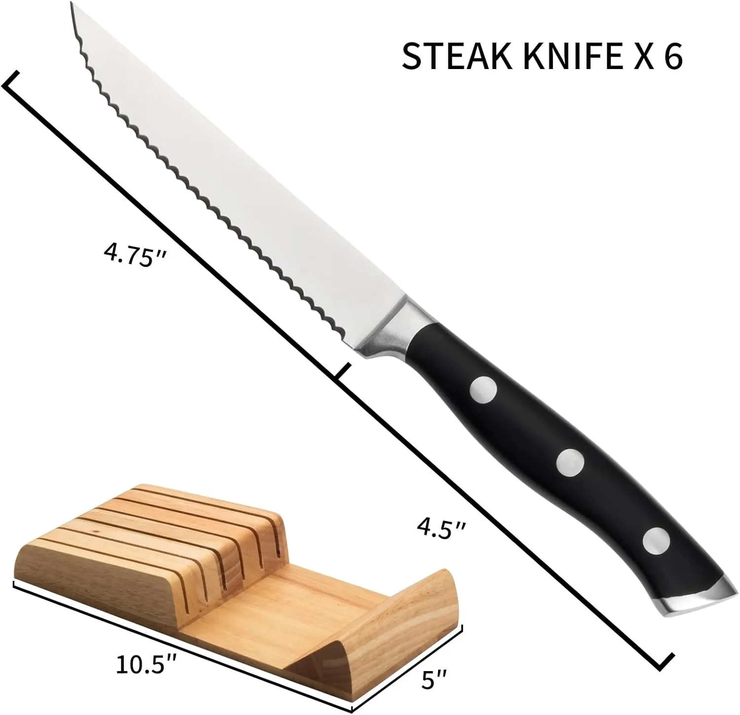 Alata 6-Piece Steak Knives Set with Block, Stainless Steel Steak Knife set with Serrated Edge, Razor-Sharp, Full-Tang Construction, Dishwasher Safe