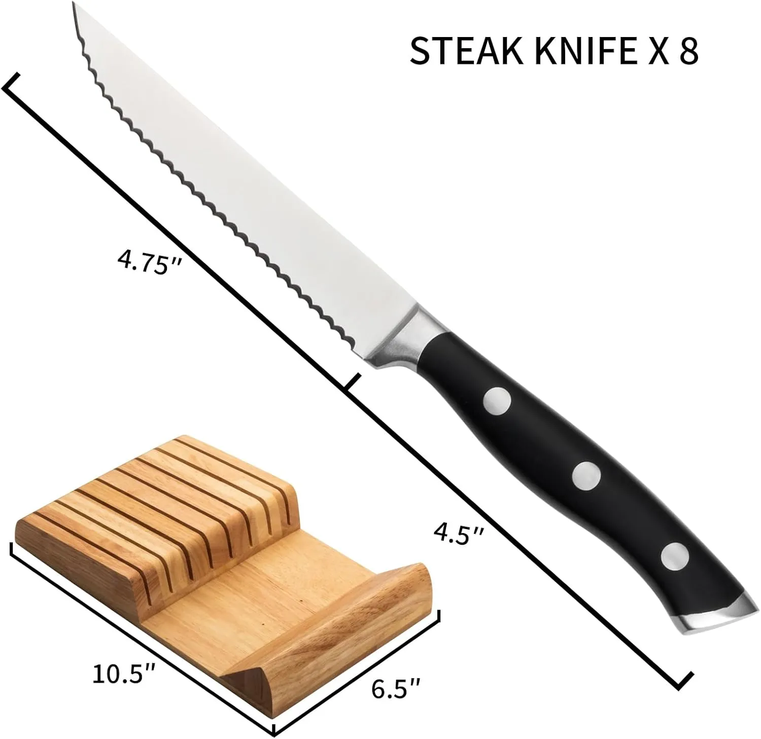 Alata 8-Piece Steak Knives Set with Block, Stainless Steel Steak Knife set with Serrated Edge, Razor-Sharp, Full-Tang Construction, Dishwasher Safe