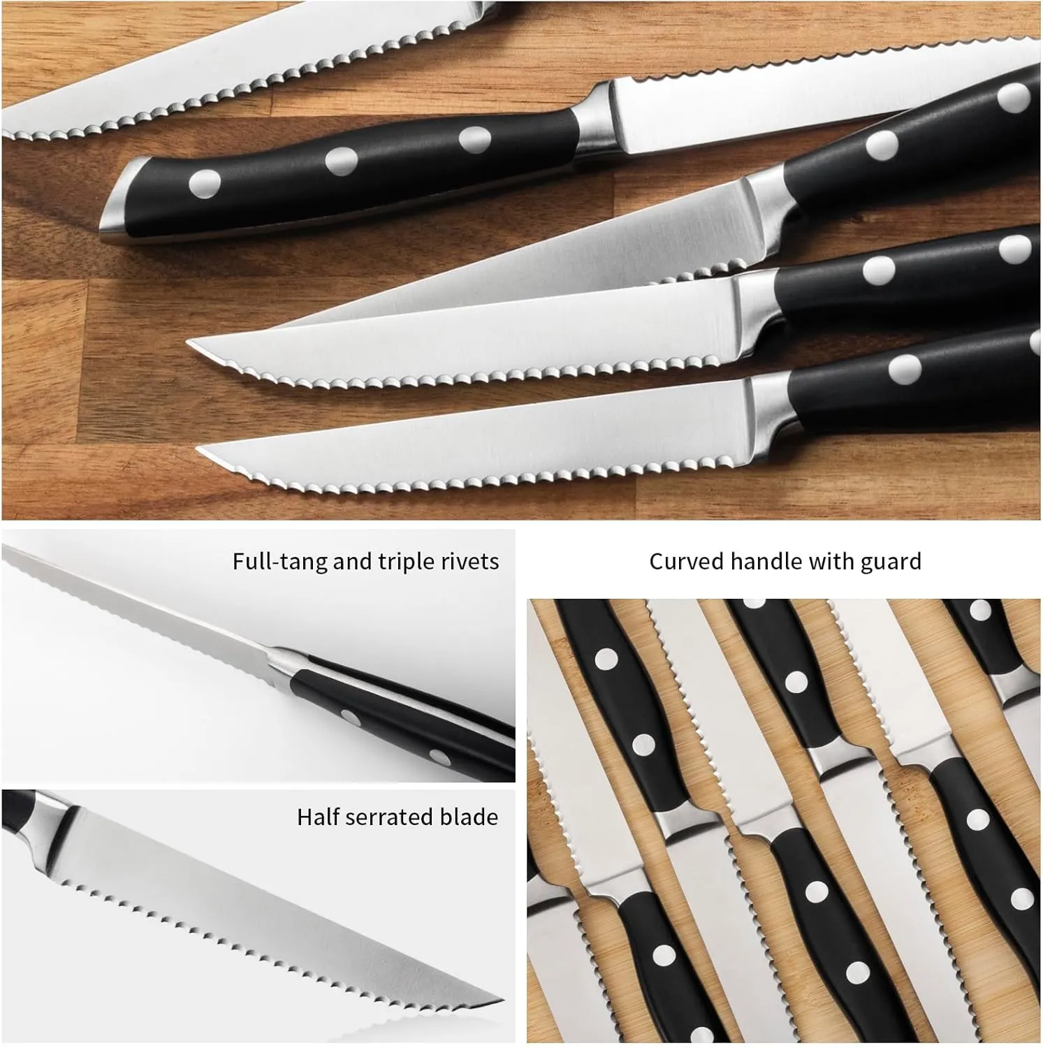 Alata 8-Piece Steak Knives Set with Block, Stainless Steel Steak Knife set with Serrated Edge, Razor-Sharp, Full-Tang Construction, Dishwasher Safe