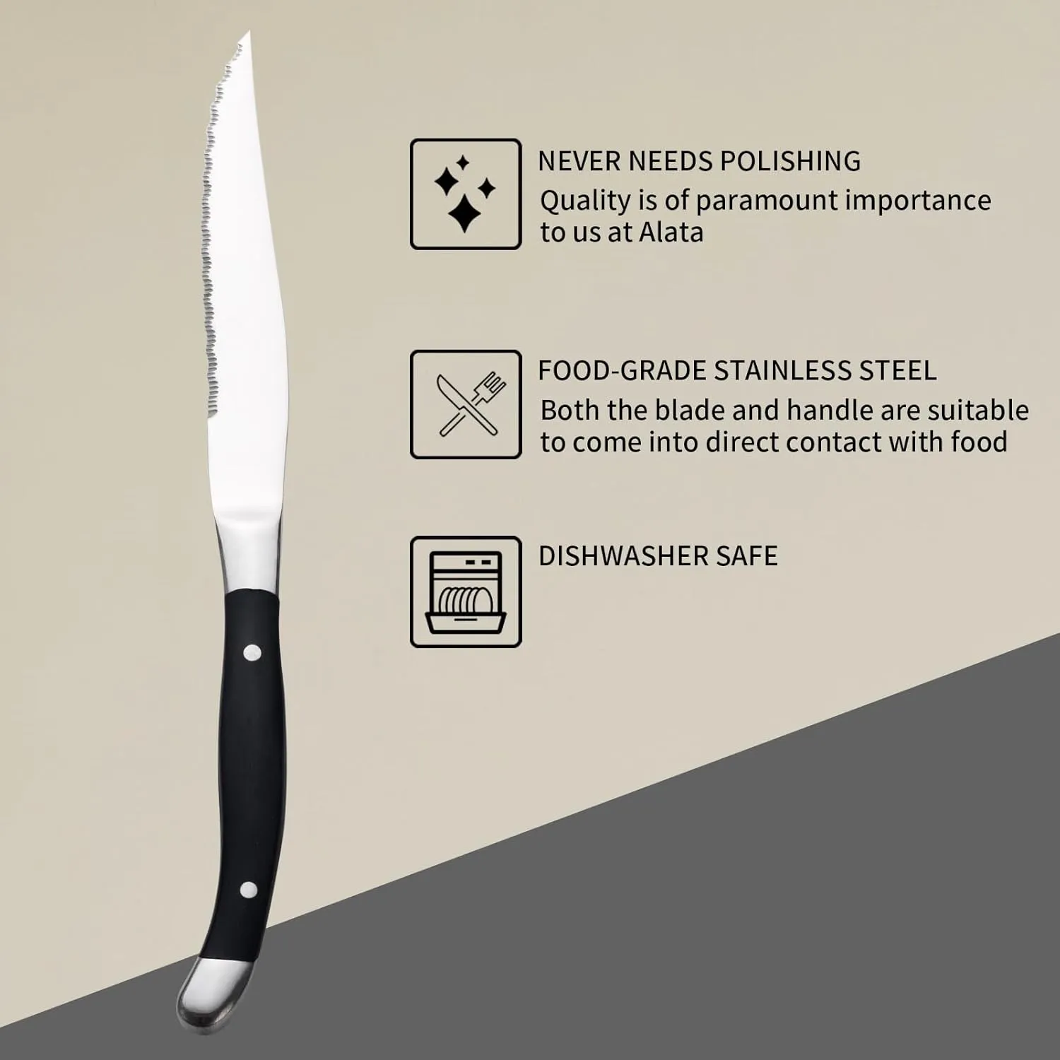 Alata Bakelite Black 8-Piece Steak Knives Set, Stainless Steel Steak Knife set with Serrated Edge, Razor-Sharp, Full-Tang Construction, Dishwasher Safe