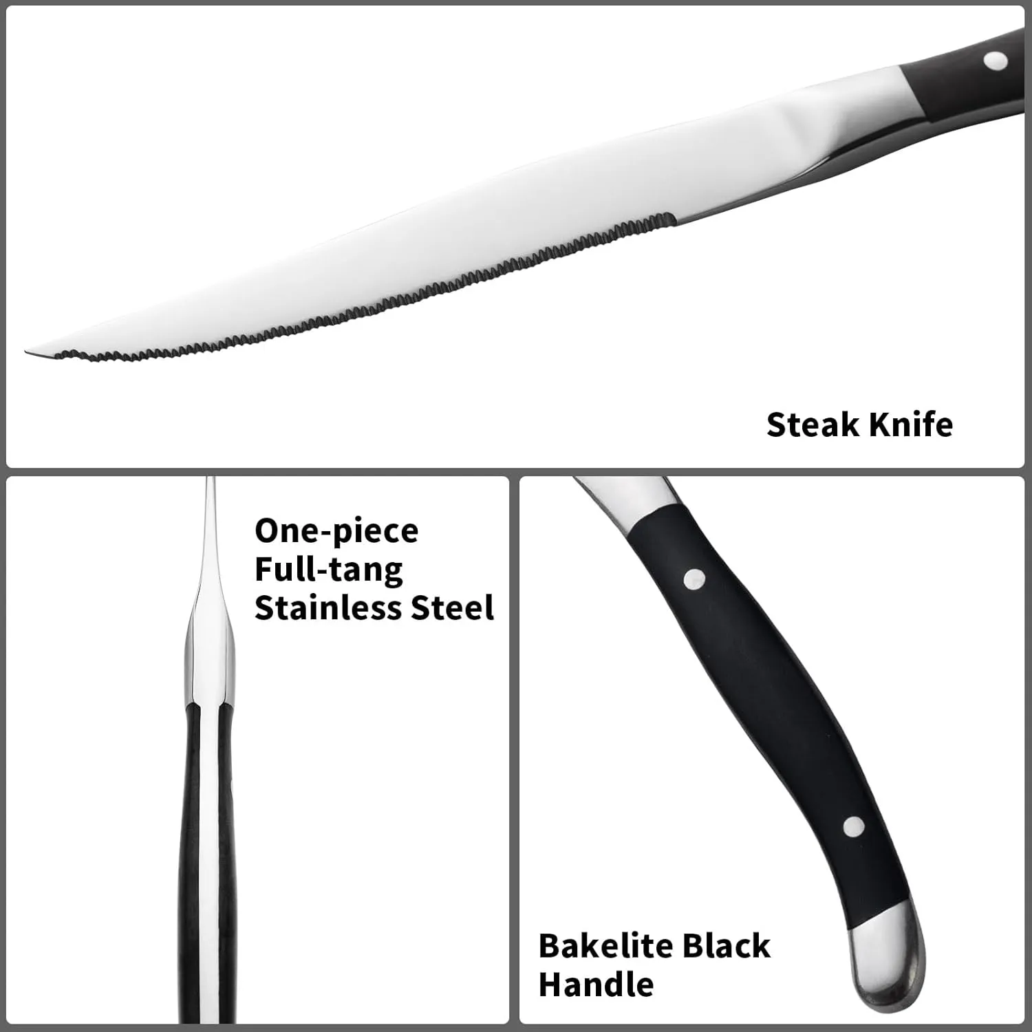 Alata Bakelite Black 8-Piece Steak Knives Set, Stainless Steel Steak Knife set with Serrated Edge, Razor-Sharp, Full-Tang Construction, Dishwasher Safe