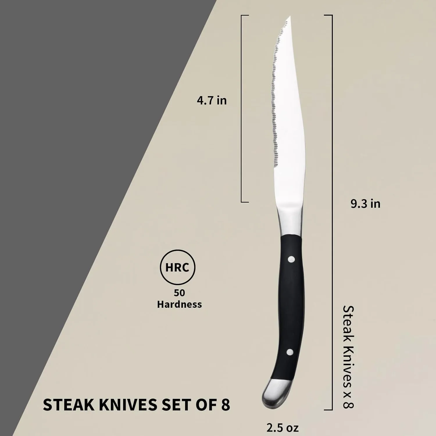 Alata Bakelite Black 8-Piece Steak Knives Set, Stainless Steel Steak Knife set with Serrated Edge, Razor-Sharp, Full-Tang Construction, Dishwasher Safe