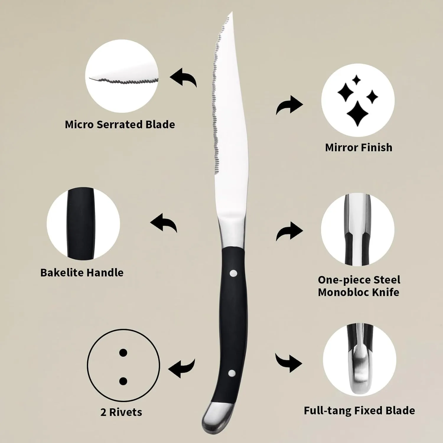 Alata Bakelite Black 8-Piece Steak Knives Set, Stainless Steel Steak Knife set with Serrated Edge, Razor-Sharp, Full-Tang Construction, Dishwasher Safe