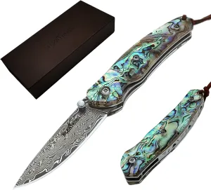 ALBATROSS Folding Pocket Knife - 6.5" Damascus Steel Blade with Abalone Seashell Handle, Handcrafted 71-Layer Modern Knife with Liner Lock System, Luxury Gift Box - HGDK015B