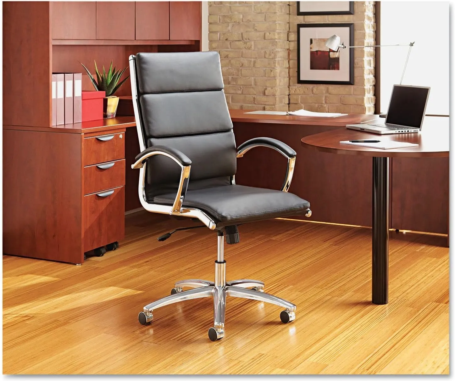 Alera ALENR4219 Neratoli Series Supports Up to 275 lbs. Mid-Back Slim Profile Faux Leather Chair - Black Seat/Back, Chrome Base