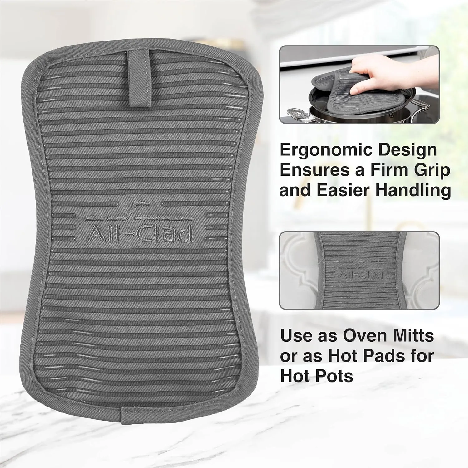 All-Clad Premium Pot Holder & Heating Pad, (2-Pack) Heat Resistant to 500 Degrees, 100% Cotton 10"x6.25" for Kitchen and Barbeque, Pewter