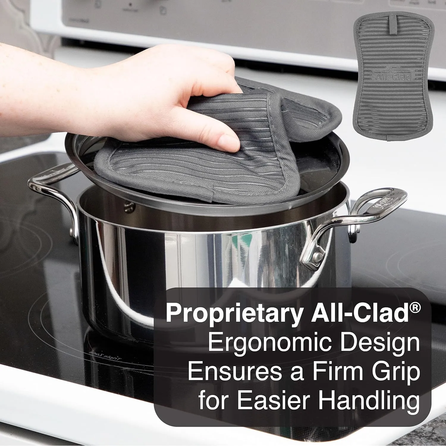 All-Clad Premium Pot Holder & Heating Pad, (2-Pack) Heat Resistant to 500 Degrees, 100% Cotton 10"x6.25" for Kitchen and Barbeque, Pewter