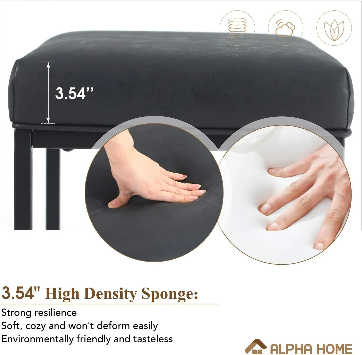 ALPHA HOME Black Metal Bar Stools with Padded Seat, 24"H x 14.76"L x 17.51"W, 350lbs Weight Capacity