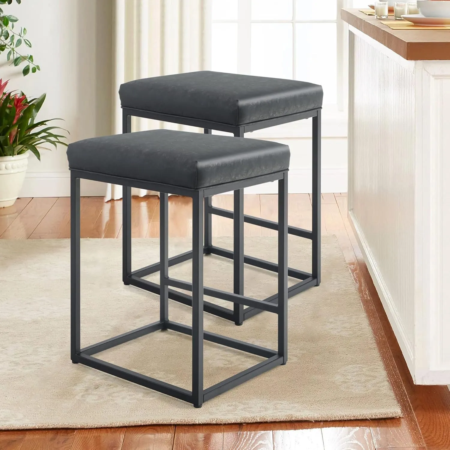 ALPHA HOME Black Metal Bar Stools with Padded Seat, 24"H x 14.76"L x 17.51"W, 350lbs Weight Capacity