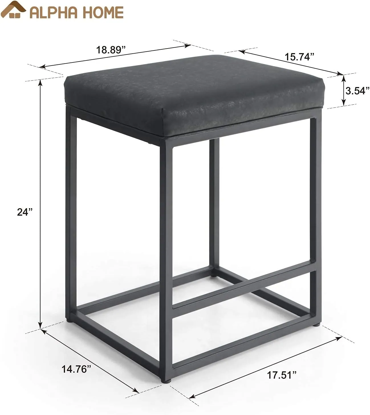ALPHA HOME Black Metal Bar Stools with Padded Seat, 24"H x 14.76"L x 17.51"W, 350lbs Weight Capacity