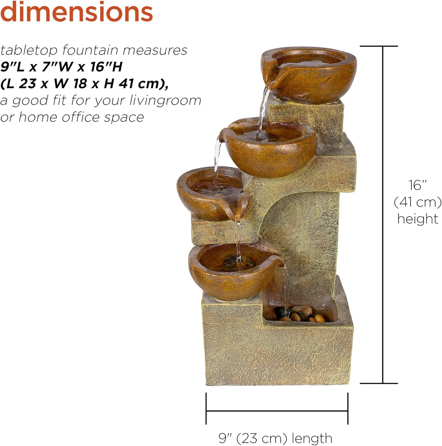 Alpine Corporation WCT726 Indoor/Outdoor Tabletop Tiered Pouring Pots Waterfall Fountain with Natural Stone Look, 16", Brown