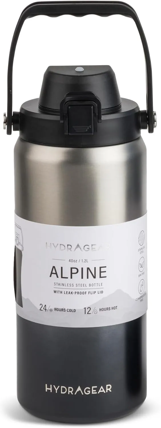 Alpine Insulated Stainless Steel Bottle with Leak-Proof Flip Lid - 40 Oz - Grey to Black Ombre
