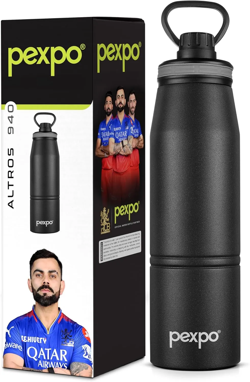 Altros 1000 Pro Stainless Steel Hot & Cold Vacuum Insulated Flask, 940ml, Knight Black |Leak Proof| Easy to Carry Loop Handle |Sports Water Bottle| Trekking |Gym| Office | Home | RCB Edition