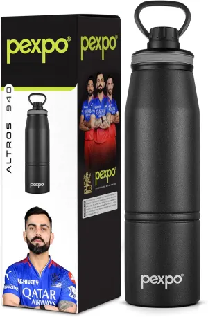 Altros 1000 Pro Stainless Steel Hot & Cold Vacuum Insulated Flask, 940ml, Knight Black |Leak Proof| Easy to Carry Loop Handle |Sports Water Bottle| Trekking |Gym| Office | Home | RCB Edition
