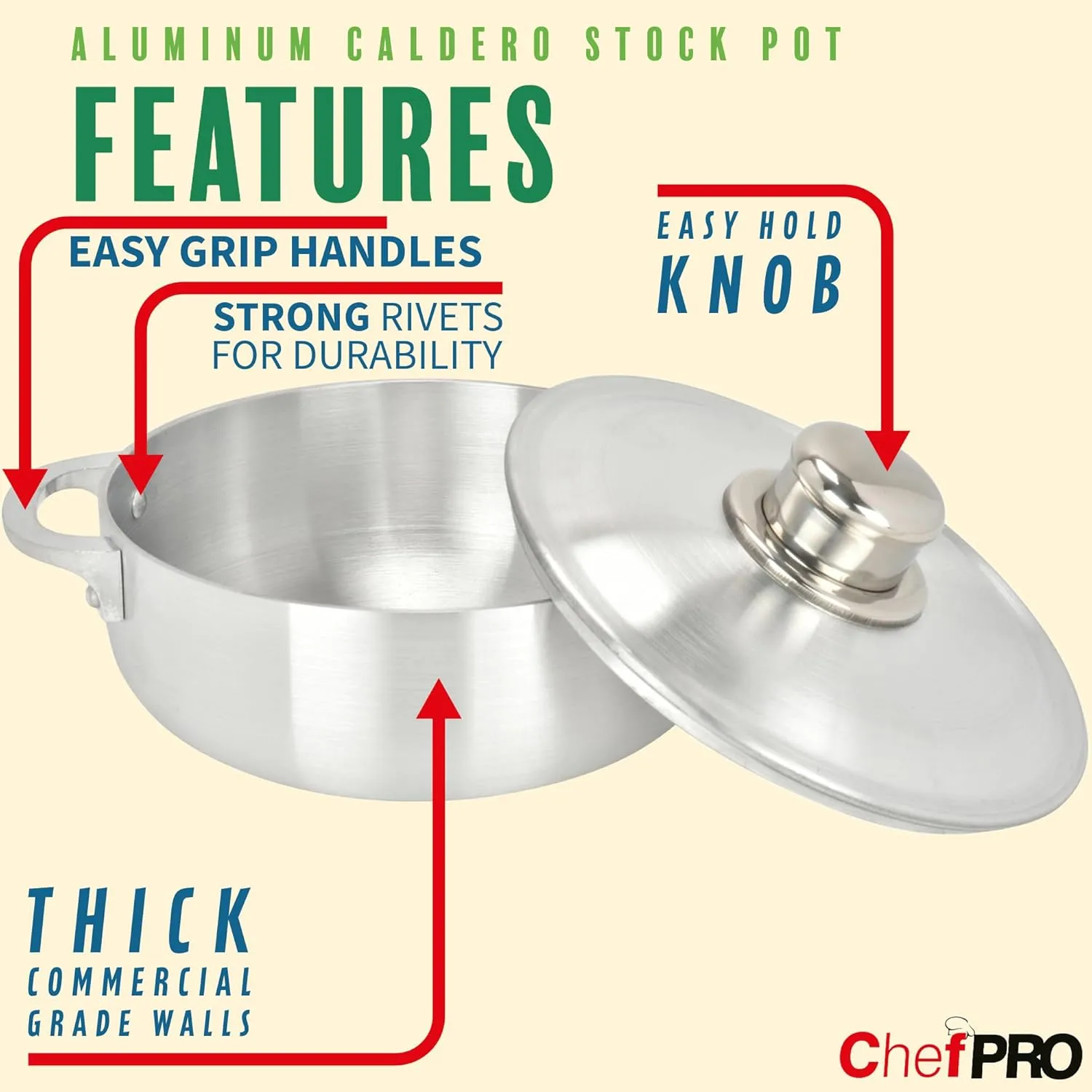 ALUMINUM CALDERO STOCK POT by Chef Pro, Durable Aluminum, Superior Cooking Performance for Even Heat Distribution, Perfect For Serving Large/Small Groups, Riveted Handles, Commercial Grade, 3.8 Quart