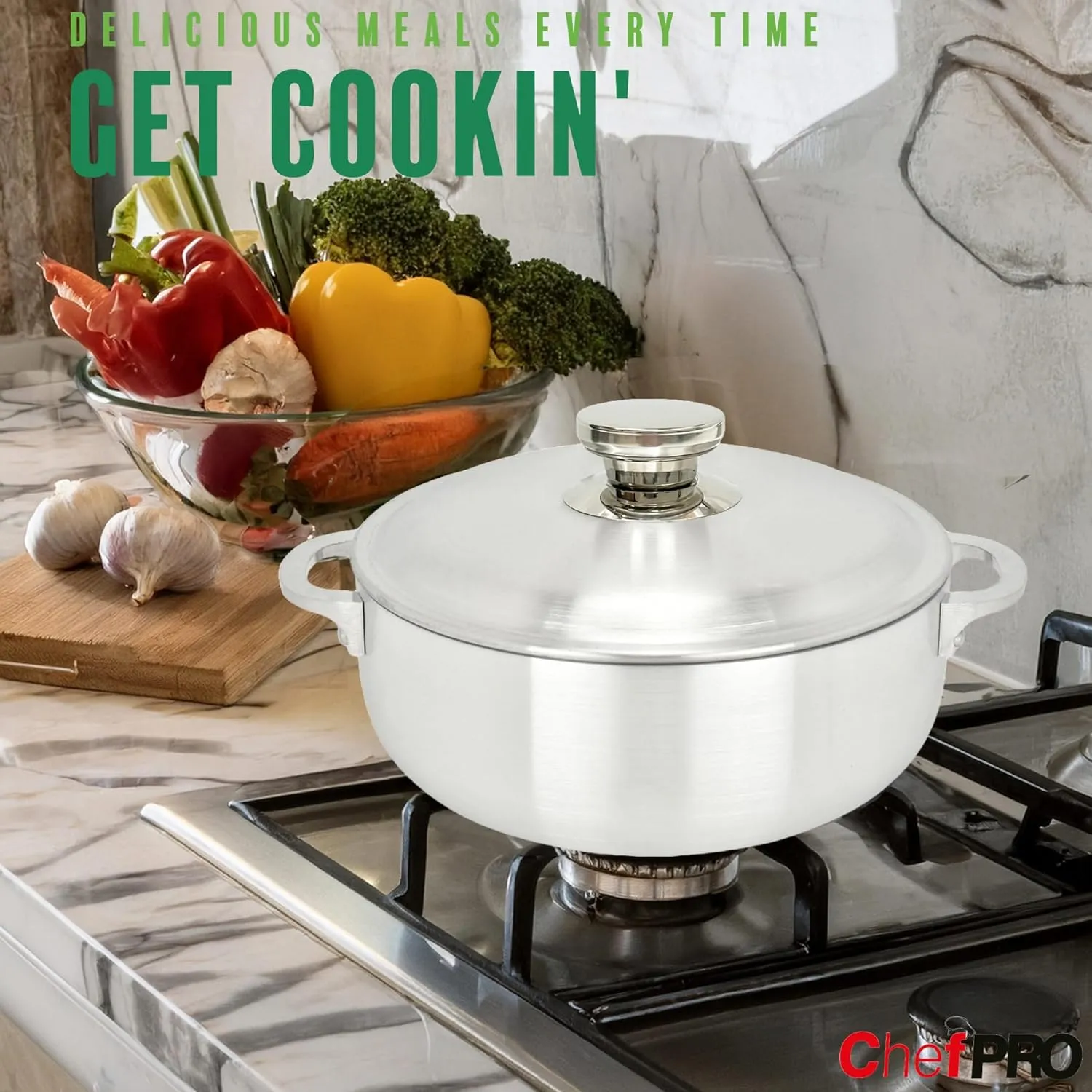 ALUMINUM CALDERO STOCK POT by Chef Pro, Durable Aluminum, Superior Cooking Performance for Even Heat Distribution, Perfect For Serving Large/Small Groups, Riveted Handles, Commercial Grade, 3.8 Quart