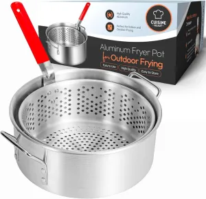 Aluminum Fish Fryer Pot with Basket | 10QT Deep Frying Pot with Handle | Outdoor Oil Fryer pan with Fry Basket | Cooking Pot | Fried Chicken, Fish, Seafood, Turkey Legs, French Fries
