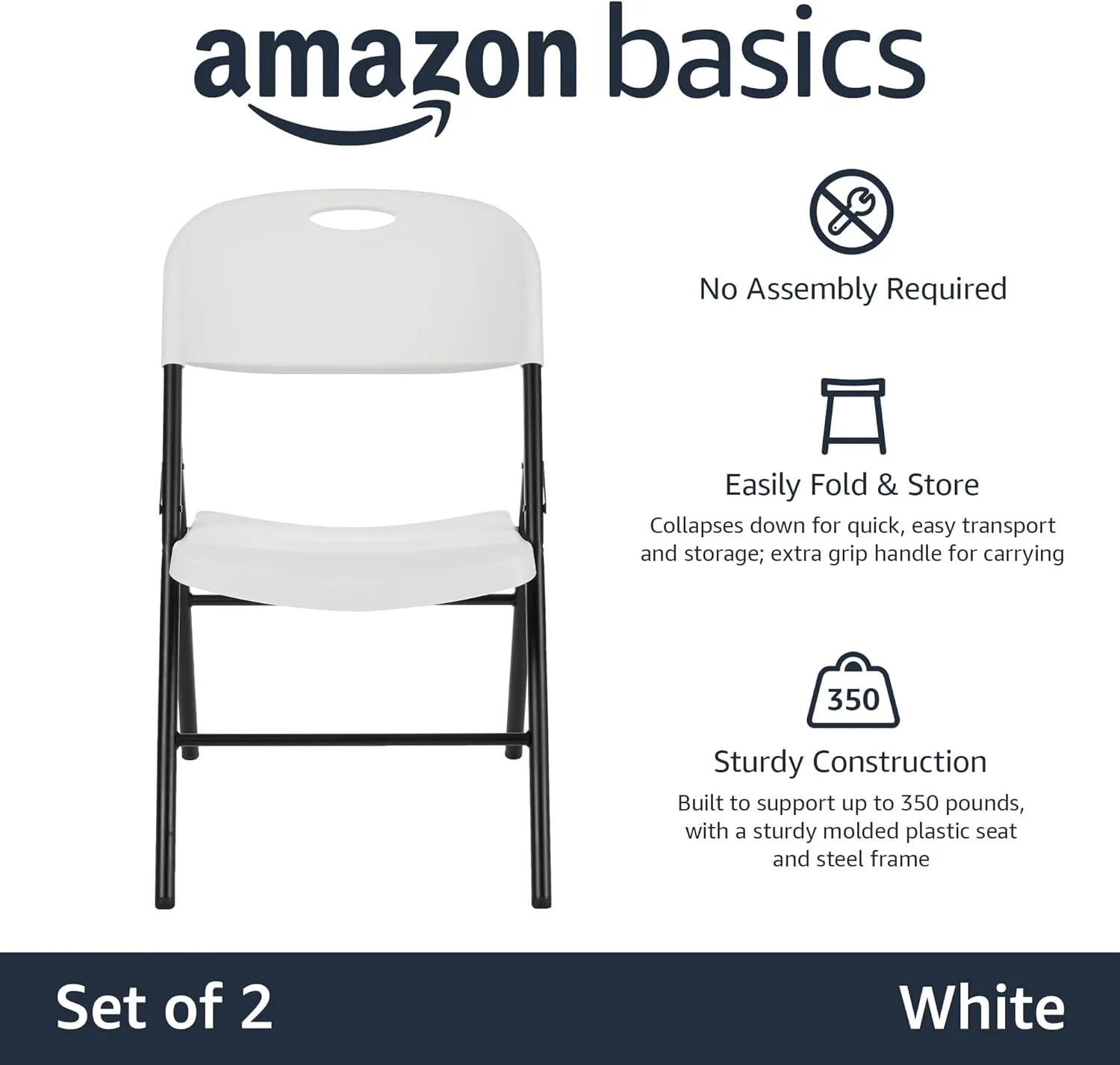 Amazon Basics Folding Plastic Chair, 350-Pound Capacity, White, 2-Pack