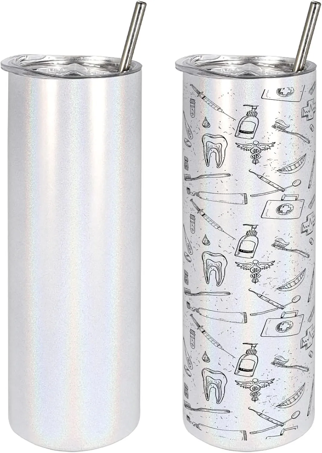 Ambesonne Dentist 20 Oz Skinny Tumbler, Hand Drawn Style Pattern with Dental Hygiene Theme Teeth Care Cleaning, Leak-Proof Straw Lid and Brush Vacuum Insulated for Outdoor Use, Black and White