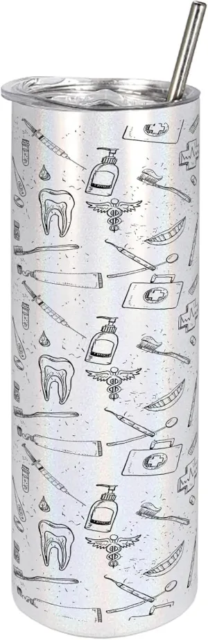 Ambesonne Dentist 20 Oz Skinny Tumbler, Hand Drawn Style Pattern with Dental Hygiene Theme Teeth Care Cleaning, Leak-Proof Straw Lid and Brush Vacuum Insulated for Outdoor Use, Black and White