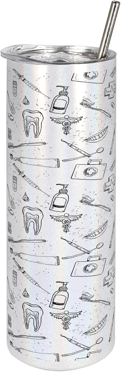 Ambesonne Dentist 20 Oz Skinny Tumbler, Hand Drawn Style Pattern with Dental Hygiene Theme Teeth Care Cleaning, Leak-Proof Straw Lid and Brush Vacuum Insulated for Outdoor Use, Black and White