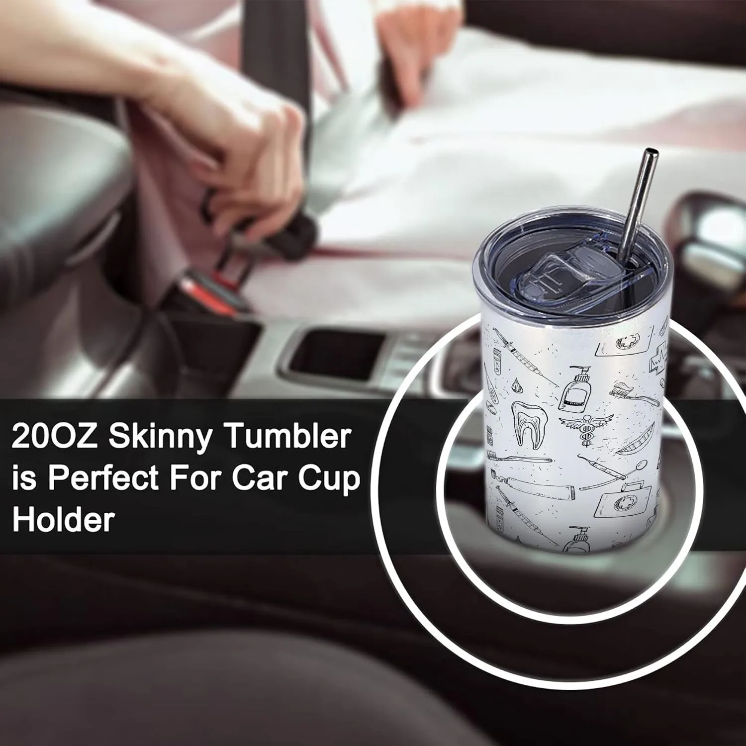Ambesonne Dentist 20 Oz Skinny Tumbler, Hand Drawn Style Pattern with Dental Hygiene Theme Teeth Care Cleaning, Leak-Proof Straw Lid and Brush Vacuum Insulated for Outdoor Use, Black and White