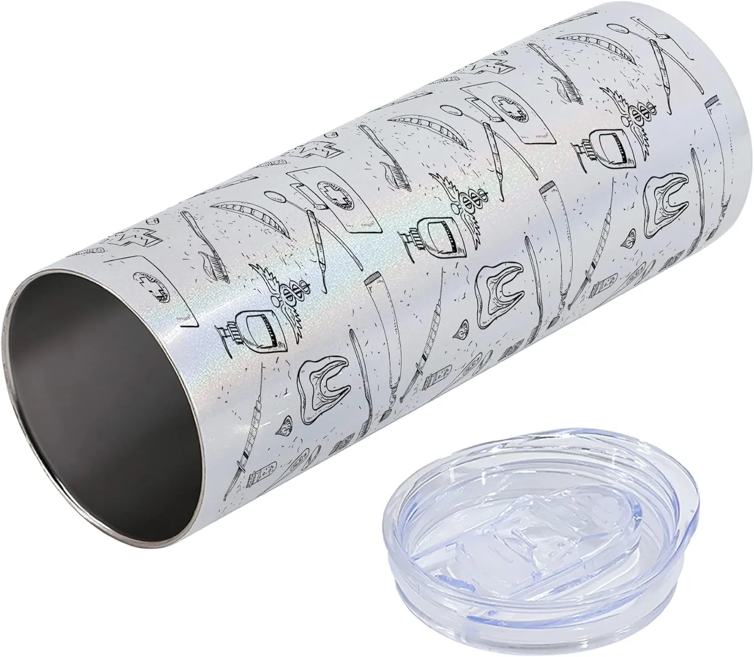 Ambesonne Dentist 20 Oz Skinny Tumbler, Hand Drawn Style Pattern with Dental Hygiene Theme Teeth Care Cleaning, Leak-Proof Straw Lid and Brush Vacuum Insulated for Outdoor Use, Black and White