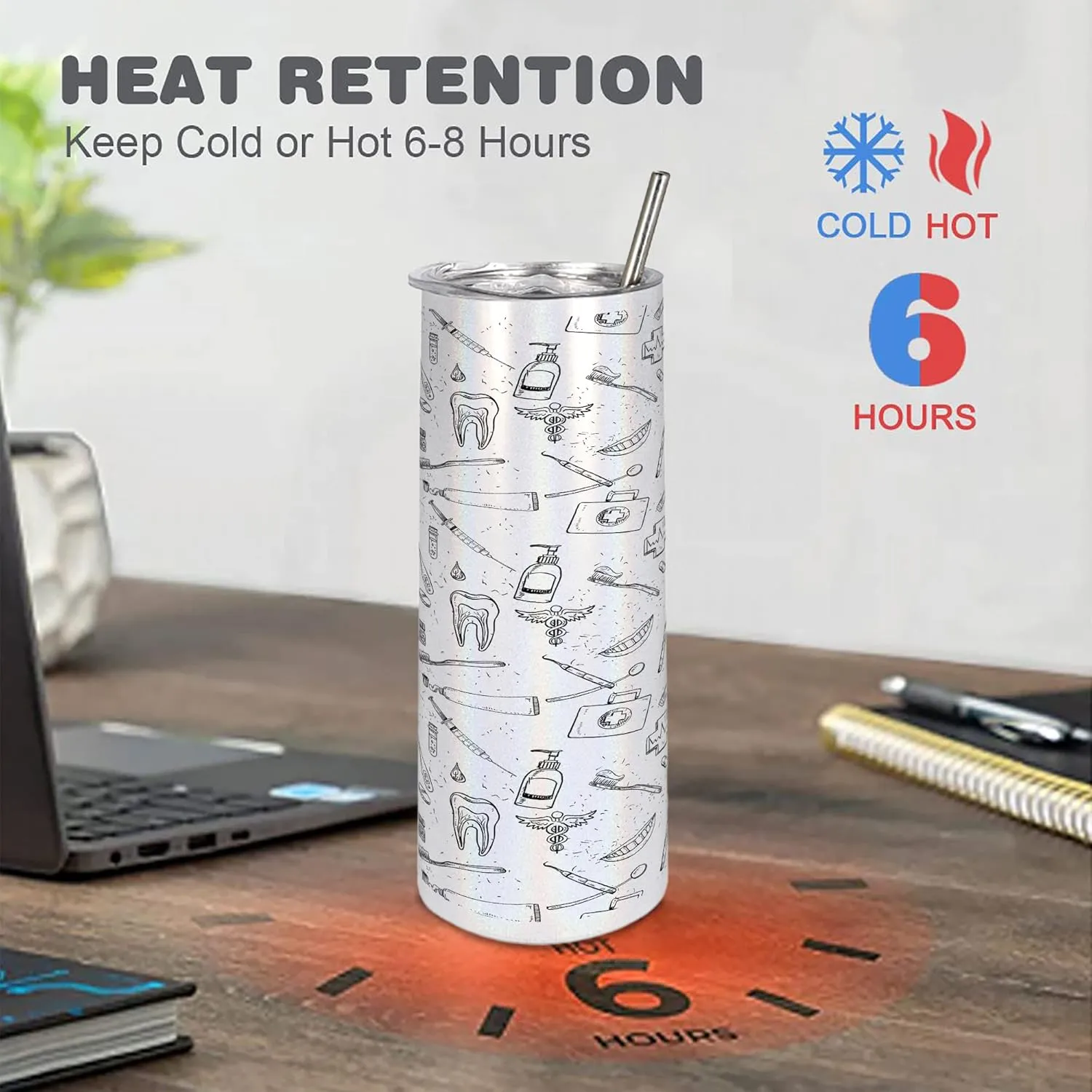 Ambesonne Dentist 20 Oz Skinny Tumbler, Hand Drawn Style Pattern with Dental Hygiene Theme Teeth Care Cleaning, Leak-Proof Straw Lid and Brush Vacuum Insulated for Outdoor Use, Black and White