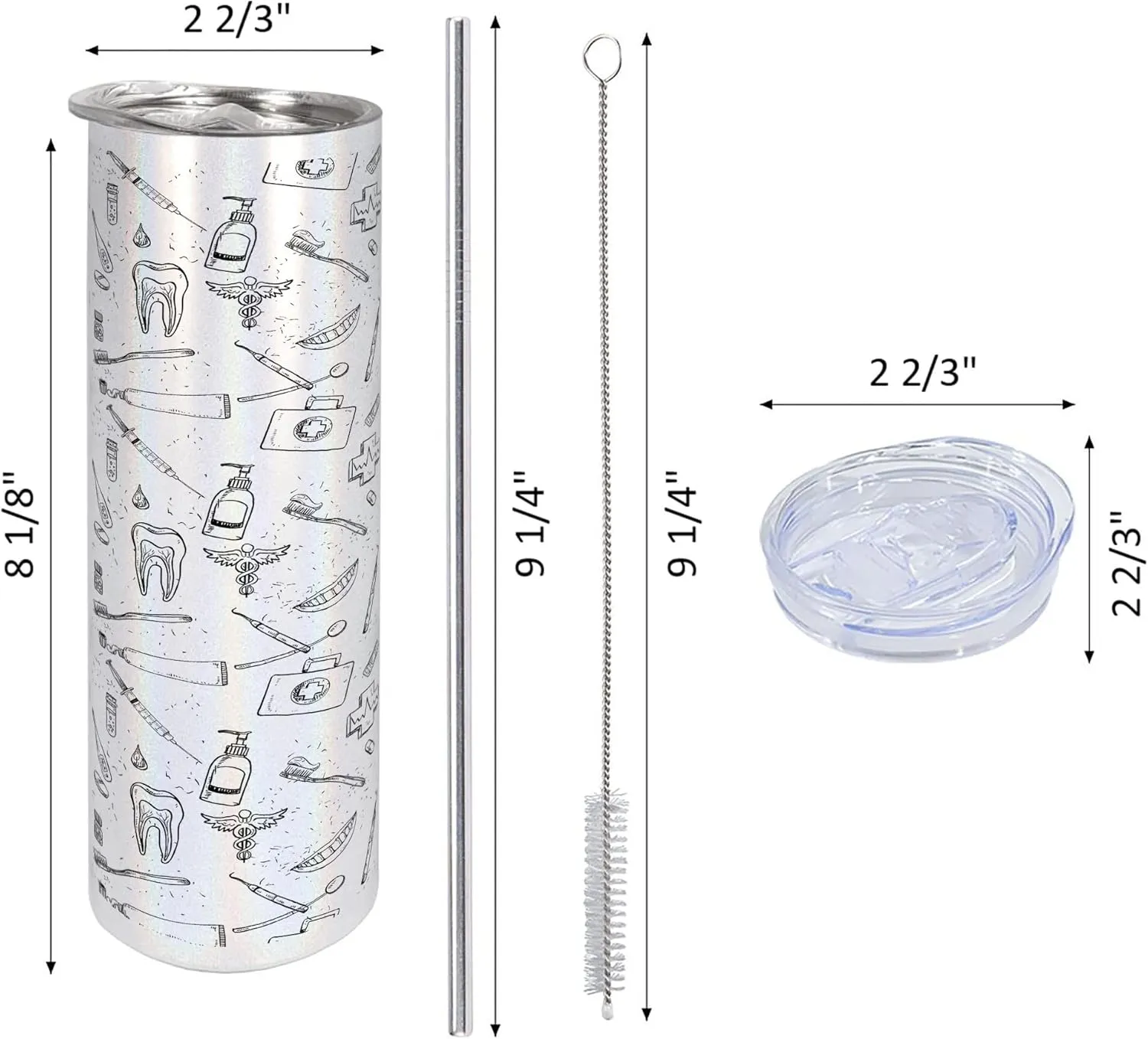 Ambesonne Dentist 20 Oz Skinny Tumbler, Hand Drawn Style Pattern with Dental Hygiene Theme Teeth Care Cleaning, Leak-Proof Straw Lid and Brush Vacuum Insulated for Outdoor Use, Black and White