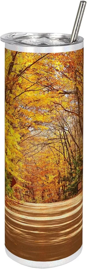 Ambesonne Fall 20 Oz Skinny Tumbler, Scenic View Outdoors Empty Roadway Surrounded with Deciduous Trees Image, Leak-Proof Straw Lid and Brush Vacuum Insulated for Outdoor Use, Redwood Yellow Orange