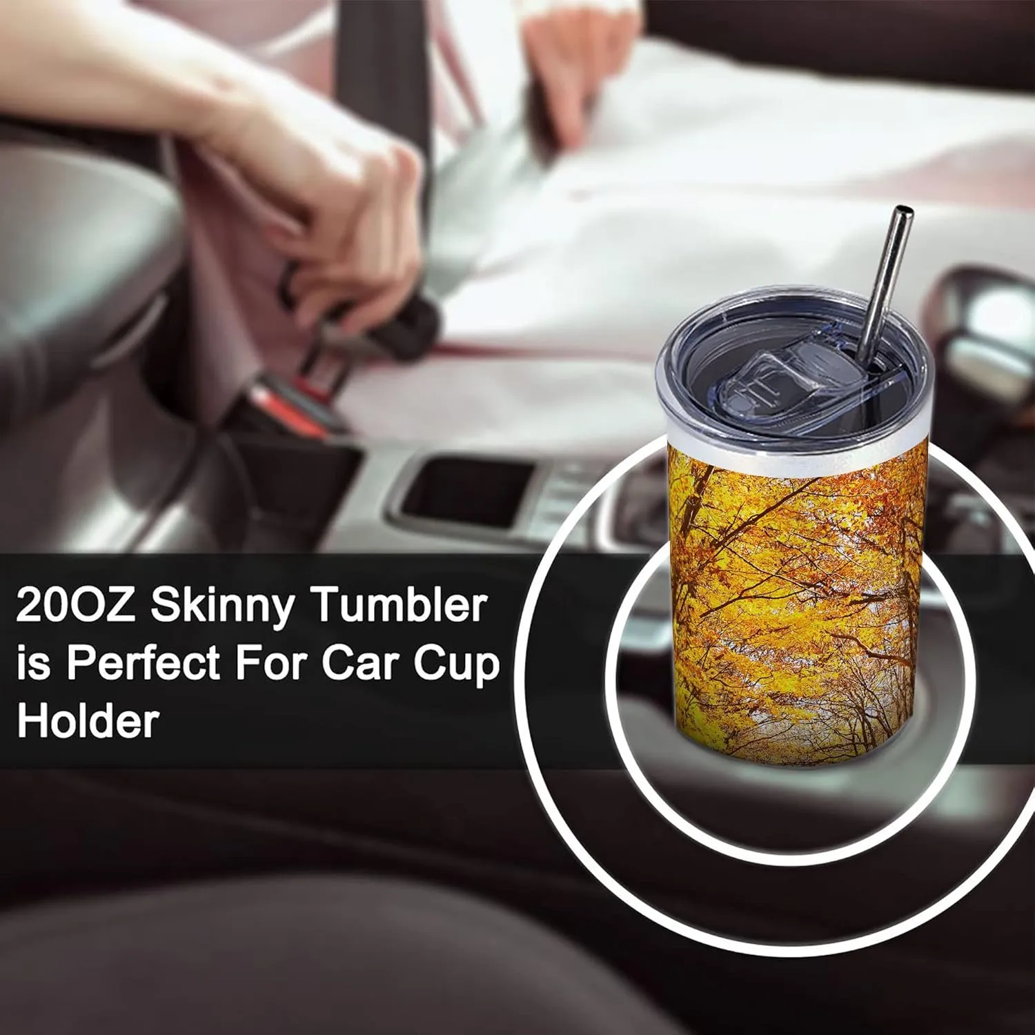 Ambesonne Fall 20 Oz Skinny Tumbler, Scenic View Outdoors Empty Roadway Surrounded with Deciduous Trees Image, Leak-Proof Straw Lid and Brush Vacuum Insulated for Outdoor Use, Redwood Yellow Orange