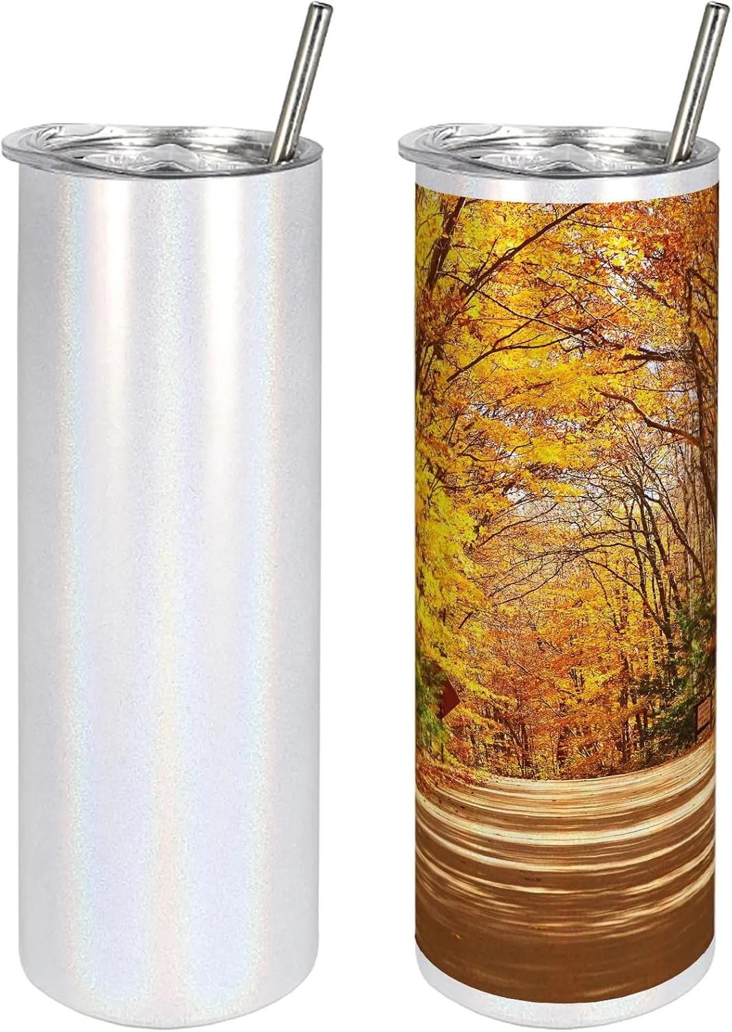 Ambesonne Fall 20 Oz Skinny Tumbler, Scenic View Outdoors Empty Roadway Surrounded with Deciduous Trees Image, Leak-Proof Straw Lid and Brush Vacuum Insulated for Outdoor Use, Redwood Yellow Orange